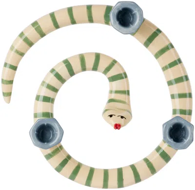LAETITIA ROUGET KHAKI & BLUE SNEAKY STRIPES CANDLE HOLDER