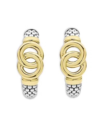 LAGOS 14K & 18K YELLOW GOLD & STERLING SILVER SIGNATURE CAVIAR INTERLOCKING SMALL HOOP EARRINGS