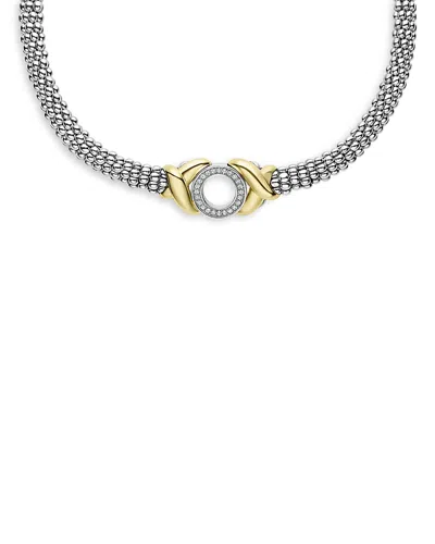 LAGOS 18K YELLOW GOLD & STERLING SILVER EMBRACE DIAMOND XO CAVIAR BEAD COLLAR NECKLACE, 18