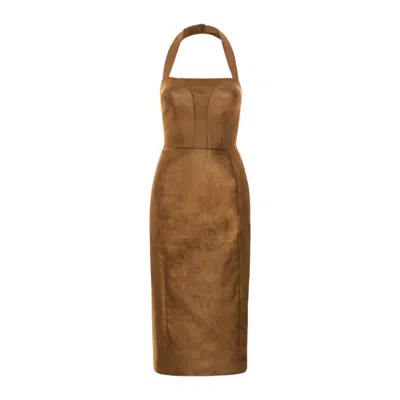 LAHIVE WOMEN'S NEUTRALS / BROWN / GOLD ALIZA BRONZED VEVLET HALTER DRESS