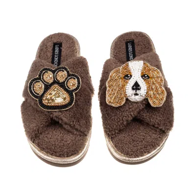 LAINES LONDON BROWN / NEUTRALS LAINES NEUTRAL BOUCLE SLIPPERS WITH LADY THE KING CHARLES & PAW BROOCHES - MINK
