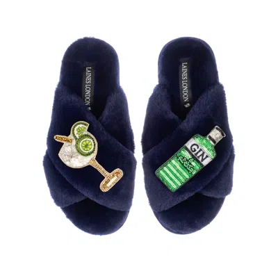 LAINES LONDON WOMEN'S BLUE CLASSIC LAINES SLIPPERS WITH ORIGINAL GIN & GLASS BROOCHES - NAVY