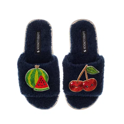 LAINES LONDON WOMEN'S BLUE TEDDY SLIDER SLIPPERS WITH LAINES LOVABLES WATERMELON & CHERRY BROOCHES - NAVY