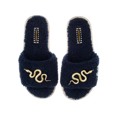 LAINES LONDON WOMEN'S BLUE TEDDY TOWELLING SLIPPER SLIDERS WITH GOLD METAL SNAKE BROOCHES - NAVY