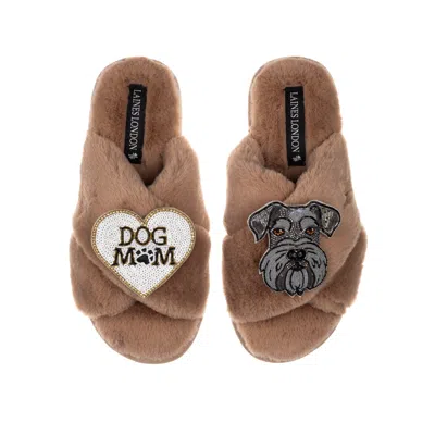 LAINES LONDON WOMEN'S BROWN / NEUTRALS CLASSIC LAINES SLIPPERS WITH ERNIE THE SCHNAUZER & DOG MUM / MOM BROOCHES -