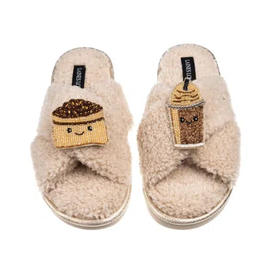 LAINES LONDON WOMEN'S BROWN / NEUTRALS LAINES BOUCLE SLIPPERS WITH LAINES LOVABLES COFFEE BEANS & FRAPPE BROOCHES 