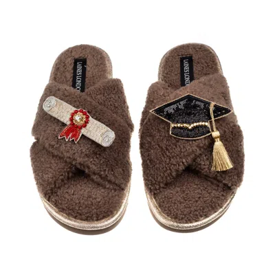 LAINES LONDON WOMEN'S BROWN / NEUTRALS LAINES NEUTRAL BOUCLE SLIPPERS WITH GRADUATION BROOCHES - MINK