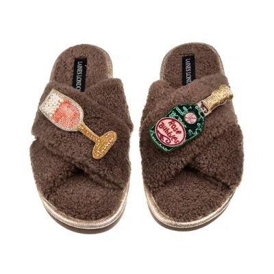 LAINES LONDON WOMEN'S BROWN / NEUTRALS LAINES NEUTRAL BOUCLE SLIPPERS WITH PINK CHAMPAGNE BROOCHES - MINK
