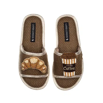 LAINES LONDON WOMEN'S BROWN STRAW BRAIDED SANDALS WITH COFFEE & CROISSANT BROOCHES - CARAMEL