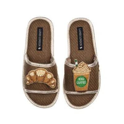 LAINES LONDON WOMEN'S BROWN STRAW BRAIDED SANDALS WITH ICED COFFEE & CROISSANT BROOCHES - CARAMEL
