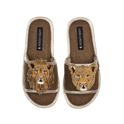 LAINES LONDON WOMEN'S BROWN STRAW BRAIDED SANDALS WITH LION & LIONESS BROOCHES - CARAMEL