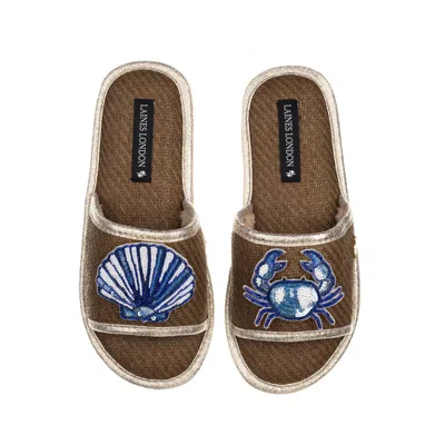 LAINES LONDON WOMEN'S BROWN STRAW BRAIDED SANDALS WITH MEDITERRANEAN BLUE SHELL & CRAB BROOCHES - CARAMEL