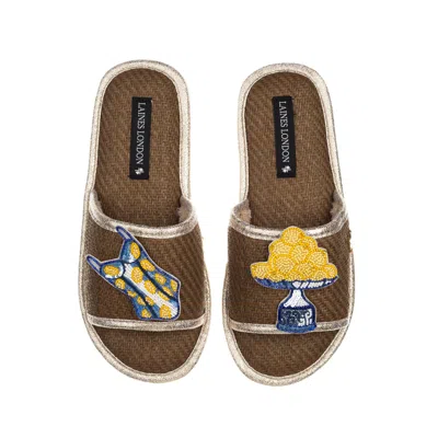 LAINES LONDON WOMEN'S BROWN STRAW BRAIDED SANDALS WITH MEDITERRANEAN SWIMMING COSTUME & LEMONS BROOCHES - CARAMEL