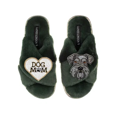 LAINES LONDON WOMEN'S CLASSIC LAINES SLIPPERS WITH ERNIE THE SCHNAUZER & DOG MUM / MOM BROOCHES - LIMITED EDITION 