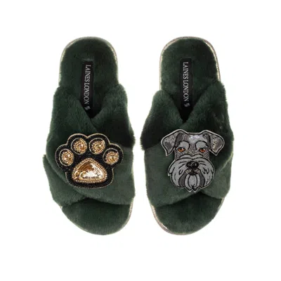 LAINES LONDON WOMEN'S CLASSIC LAINES SLIPPERS WITH ERNIE THE SCHNAUZER & PAW BROOCHES - LIMITED EDITION GREEN