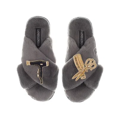 LAINES LONDON WOMEN'S CLASSIC LAINES SLIPPERS WITH HAIRDRESSER BROOCHES - GREY