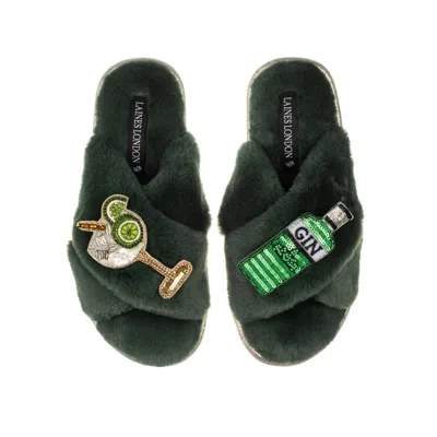 LAINES LONDON WOMEN'S CLASSIC LAINES SLIPPERS WITH ORIGINAL GIN & GLASS BROOCHES - LIMITED EDITION GREEN