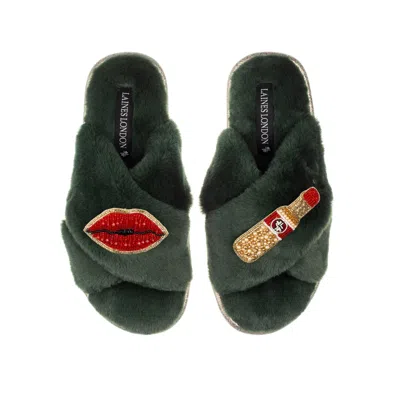LAINES LONDON WOMEN'S CLASSIC LAINES SLIPPERS WITH RED LIPSTICK & LIPS BROOCHES - LIMITED EDITION GREEN