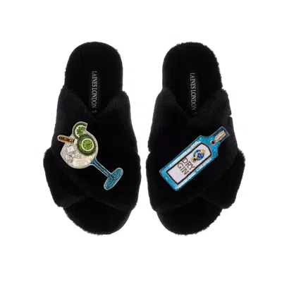 LAINES LONDON WOMEN'S CLASSIC LAINES SLIPPERS WITH SAPPHIRE GIN & GLASS BROOCHES - BLACK