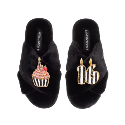 LAINES LONDON WOMEN'S CLASSIC LAINES SLIPPERS WITH STRIPE 16TH BIRTHDAY & CAKE BROOCHES - BLACK