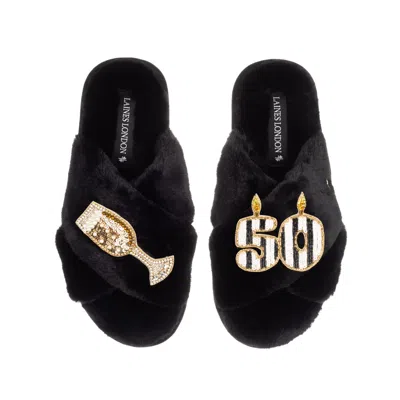 LAINES LONDON WOMEN'S CLASSIC LAINES SLIPPERS WITH STRIPE 50TH BIRTHDAY & GLASS OF CHAMPAGNE BROOCHES - BLACK