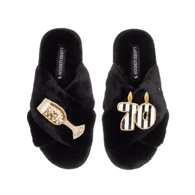LAINES LONDON WOMEN'S CLASSIC LAINES SLIPPERS WITH STRIPE 70TH BIRTHDAY & GLASS OF CHAMPAGNE BROOCHES - BLACK