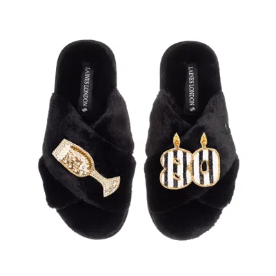 LAINES LONDON WOMEN'S CLASSIC LAINES SLIPPERS WITH STRIPE 80TH BIRTHDAY & GLASS OF CHAMPAGNE BROOCHES - BLACK