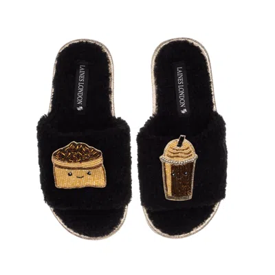LAINES LONDON WOMEN'S TEDDY SLIDER SLIPPERS WITH LAINES LOVABLES COFFEE BEANS & FRAPPE BROOCHES - BLACK