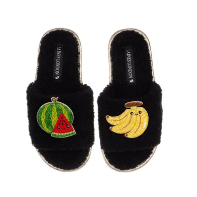 LAINES LONDON WOMEN'S TEDDY SLIDER SLIPPERS WITH LAINES LOVABLES WATERMELON & BANANA BROOCHES - BLACK