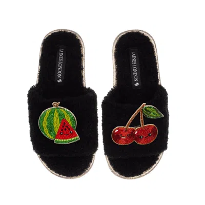 LAINES LONDON WOMEN'S TEDDY SLIDER SLIPPERS WITH LAINES LOVABLES WATERMELON & CHERRY BROOCHES - BLACK