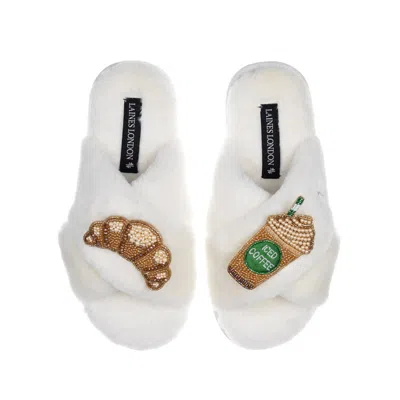 LAINES LONDON WOMEN'S WHITE CLASSIC LAINES SLIPPERS WITH ICED COFFEE & CROISSANT BROOCHES - CREAM