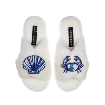 LAINES LONDON WOMEN'S WHITE CLASSIC LAINES SLIPPERS WITH MEDITERRANEAN BLUE SHELL & CRAB BROOCHES - CREAM