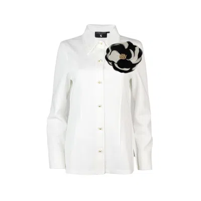 LAINES LONDON WOMEN'S WHITE LAINES COUTURE SHIRT WITH EMBELLISHED BLACK & CREAM CORSAGE