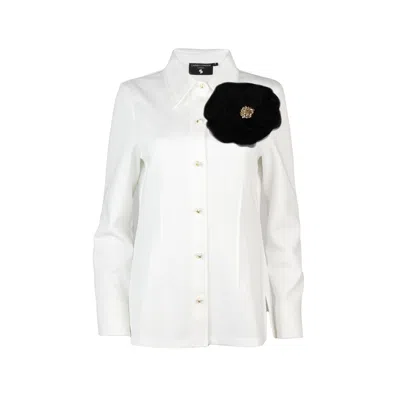 LAINES LONDON WOMEN'S WHITE LAINES COUTURE SHIRT WITH EMBELLISHED BLACK CORSAGE