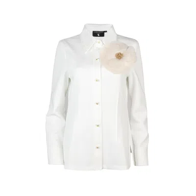 LAINES LONDON WOMEN'S WHITE LAINES COUTURE SHIRT WITH EMBELLISHED CREAM CORSAGE