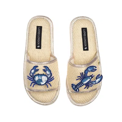 LAINES LONDON WOMEN'S WHITE STRAW BRAIDED SANDALS WITH MEDITERRANEAN BLUE CRAB & LOBSTER BROOCHES - CREAM