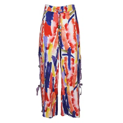 LALIPOP DESIGN WOMEN'S ABSTRACT PRINT WIDE-LEG LINEN PANTS WITH HAND-EMBROIDERED DETAIL
