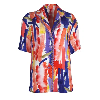 LALIPOP DESIGN WOMEN'S ABSTRACT PRINTED LINEN SHIRT WITH HAND-EMBROIDERED DETAIL