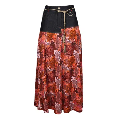 LALIPOP DESIGN WOMEN'S ALL-OVER FLORAL PRINT SKIRT WITH ASYMMETRIC BLACK DENIM CUT