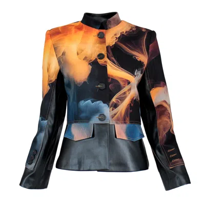 LALIPOP DESIGN WOMEN'S BLACK CROPPED JACKET WITH VEGAN LEATHER TRIM AND DIGITAL FLAME PRINT