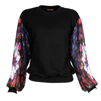 LALIPOP DESIGN WOMEN'S BLACK SWEATSHIRT WITH PRINTED CHIFFON PLEATED SLEEVES