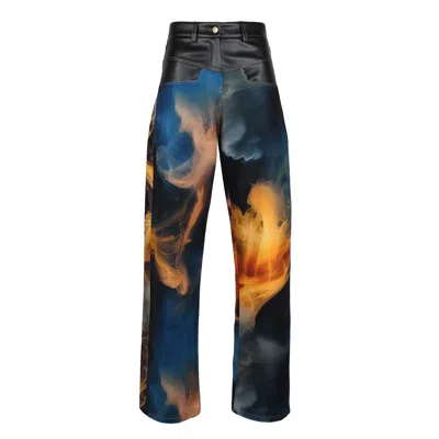 LALIPOP DESIGN WOMEN'S BLACK WIDE-LEG PANTS WITH VEGAN LEATHER WAIST AND DIGITAL FLAME PRINT