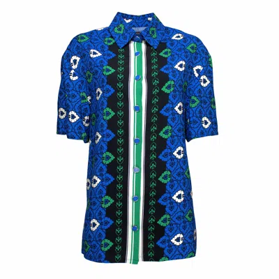 LALIPOP DESIGN WOMEN'S BLUE ABSTRACT PRINT VISCOSE SHORT SLEEVES SHIRT & WHITE CROP TOP SET