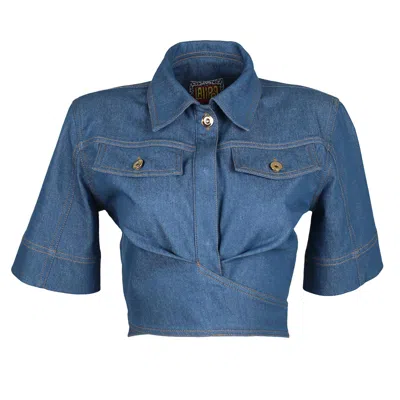 LALIPOP DESIGN WOMEN'S BLUE FITTED CROPPED DENIM SHIRT