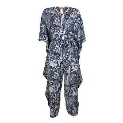 LALIPOP DESIGN WOMEN'S BLUE FLORAL PRINT JUMPSUIT WITH FLUTTERING CAPE SLEEVES