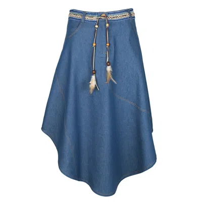 LALIPOP DESIGN WOMEN'S BLUE MIDI ASYMMETRIC FLARED DENIM SKIRT