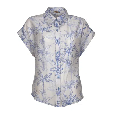 LALIPOP DESIGN WOMEN'S BLUE / WHITE DROP-SHOULDER PALM LEAF PRINTED BUTTON-DOWN SHIRT