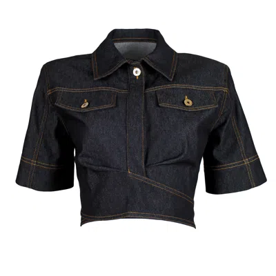LALIPOP DESIGN WOMEN'S FITTED CROPPED BLACK DENIM SHIRT