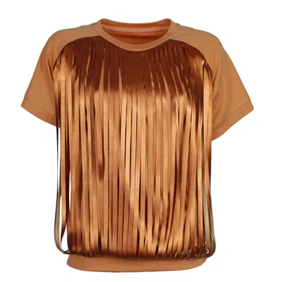 LALIPOP DESIGN WOMEN'S NEUTRALS / GOLD SALMON COLOR BLOUSE WITH LASER-CUT VEGAN LEATHER FRINGES