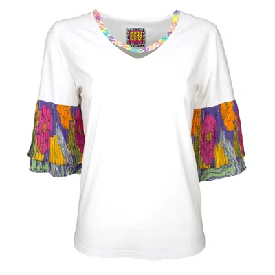 LALIPOP DESIGN WOMEN'S WHITE BLOUSE WITH PLEATED SLEEVES AND DETACHABLE COLORFUL HALF CHAIN